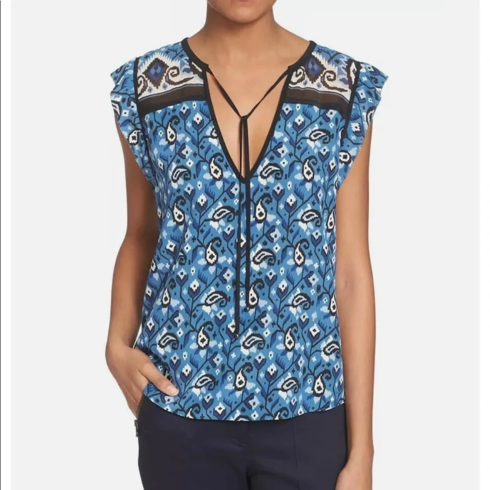 VERONICA BEARD Women's 'Rincon' Tie Front Silk Blouse Spring Navy Sz. 4 - Picture 1 of 7